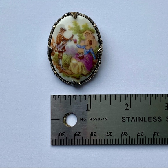 Antique Limoge Porcelain Brooch - Silver Setting - Picture 6 of 6